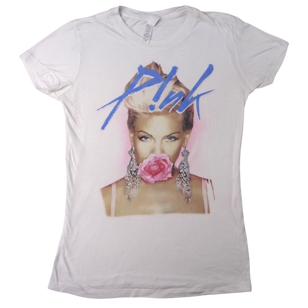White Pink Singer Pop Star Rose Mouth Graphic T Shirt Women's Size Medium